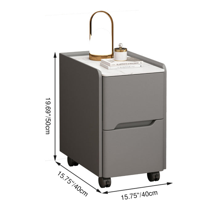 Table de chevet mobile à 2 tiroirs pour chambre, style scandinave contemporain, rectangulaire étroit, plateau en roche, bois de pin massif, panneau multicouche, griffoir pour chat en cuir et quincaillerie 