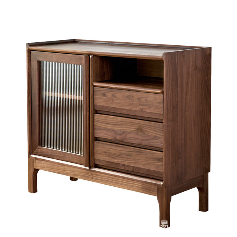 Traditional Vintage Rectangular Walnut Wood Paulownia Wood Glass Hardware Large Capacity Storage Cabinet 3-Drawer For Living Room