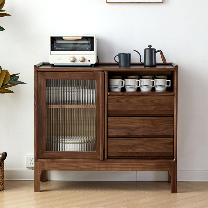 Traditional Vintage Rectangular Walnut Wood Paulownia Wood Glass Hardware Large Capacity Storage Cabinet 3-Drawer For Living Room