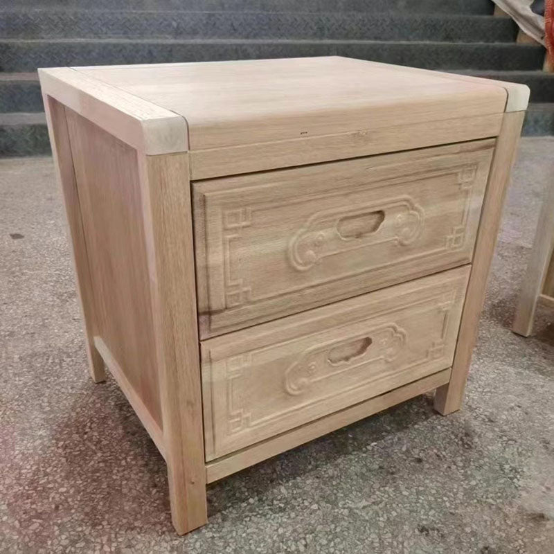 Traditional Chinese Ancient-Style Carvings Square Rubberwood Nightstand 2-Drawer For Bedroom