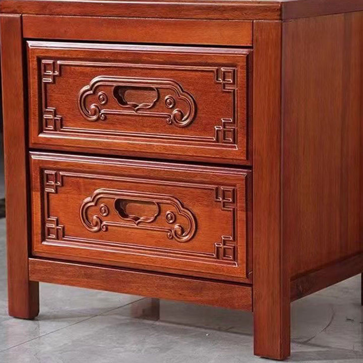 Traditional Chinese Ancient-Style Carvings Square Rubberwood Nightstand 2-Drawer For Bedroom