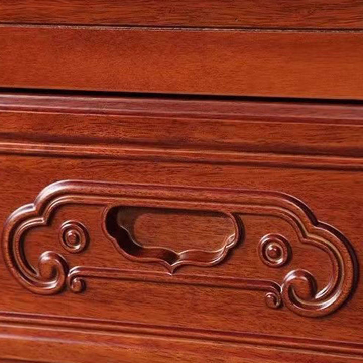 Traditional Chinese Ancient-Style Carvings Square Rubberwood Nightstand 2-Drawer For Bedroom
