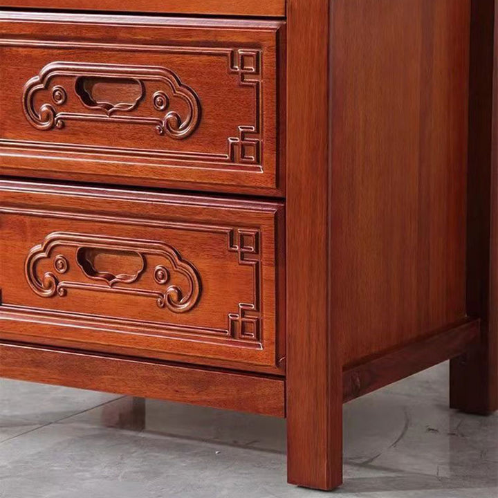 Traditional Chinese Ancient-Style Carvings Square Rubberwood Nightstand 2-Drawer For Bedroom