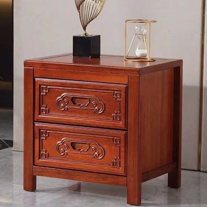 Traditional Chinese Ancient-Style Carvings Square Rubberwood Nightstand 2-Drawer For Bedroom