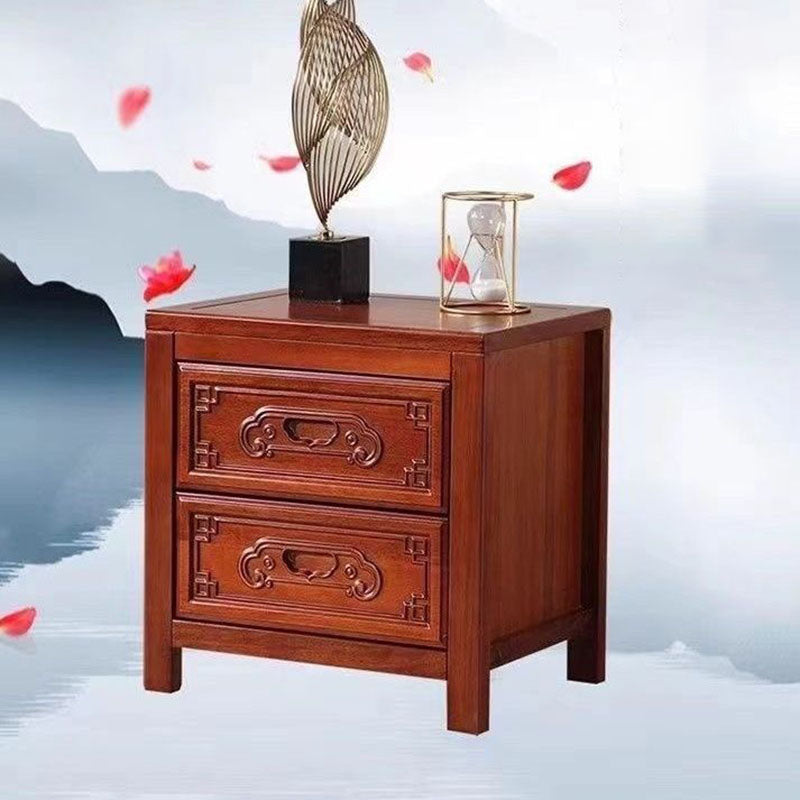 Traditional Chinese Ancient-Style Carvings Square Rubberwood Nightstand 2-Drawer For Bedroom