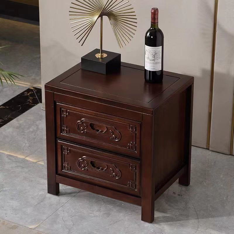 Traditional Chinese Ancient-Style Carvings Square Rubberwood Nightstand 2-Drawer For Bedroom
