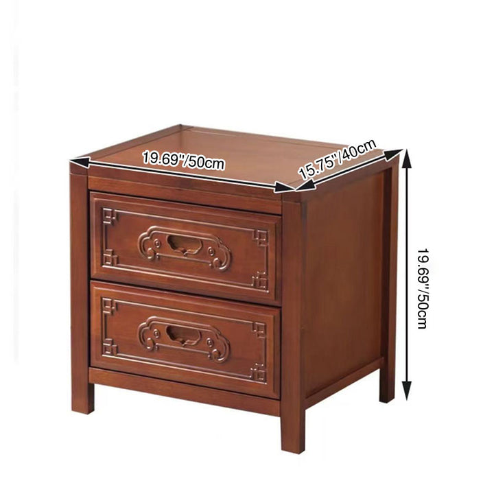 Traditional Chinese Ancient-Style Carvings Square Rubberwood Nightstand 2-Drawer For Bedroom