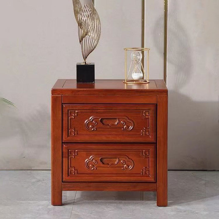 Traditional Chinese Ancient-Style Carvings Square Rubberwood Nightstand 2-Drawer For Bedroom
