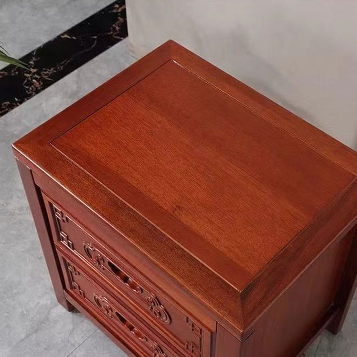 Traditional Chinese Ancient-Style Carvings Square Rubberwood Nightstand 2-Drawer For Bedroom