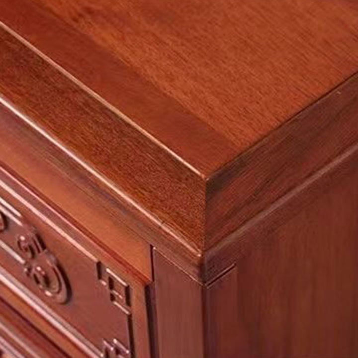 Traditional Chinese Ancient-Style Carvings Square Rubberwood Nightstand 2-Drawer For Bedroom