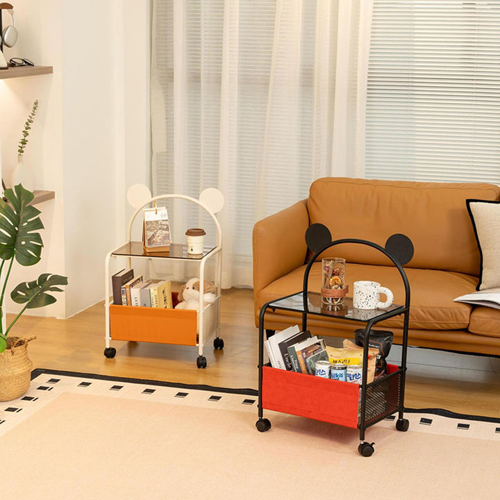 Contemporary Creative Bear Ears Rectangular Tempered Glass Iron Faux Leather PVC Movable Snacks Storage Shelf 2/3/4-Tier For Living Room