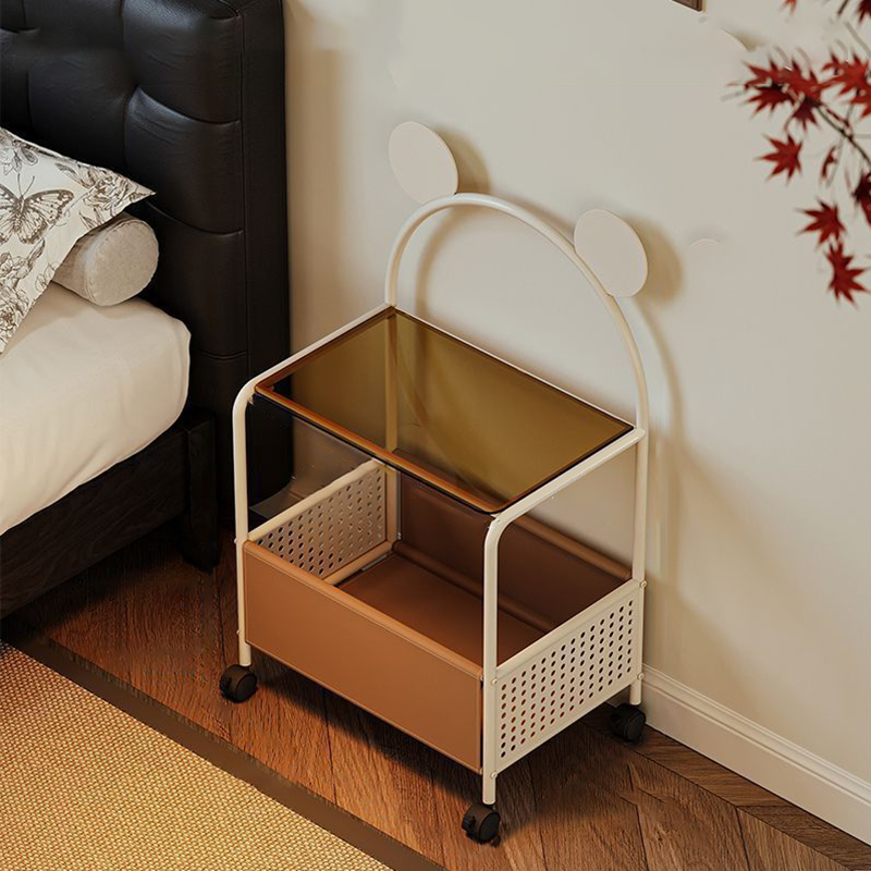 Contemporary Creative Bear Ears Rectangular Tempered Glass Iron Faux Leather PVC Movable Snacks Storage Shelf 2/3/4-Tier For Living Room
