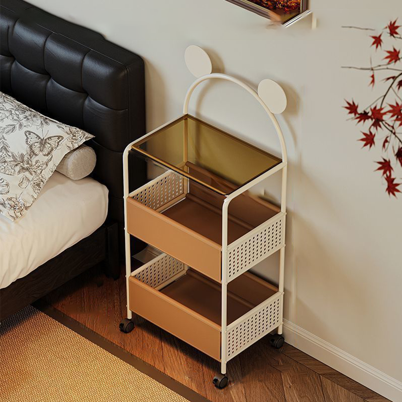 Contemporary Creative Bear Ears Rectangular Tempered Glass Iron Faux Leather PVC Movable Snacks Storage Shelf 2/3/4-Tier For Living Room