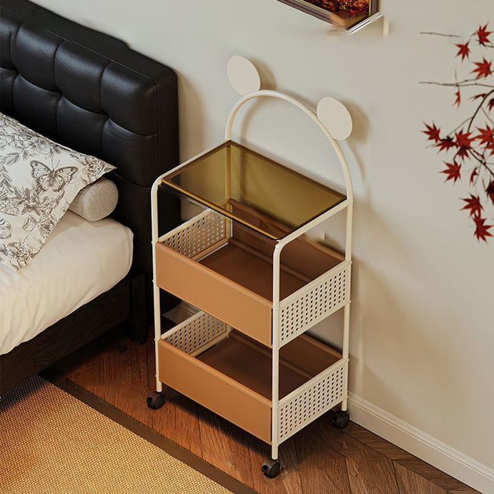 Contemporary Creative Bear Ears Rectangular Tempered Glass Iron Faux Leather PVC Movable Snacks Storage Shelf 2/3/4-Tier For Living Room