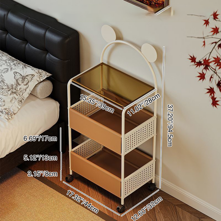 Contemporary Creative Bear Ears Rectangular Tempered Glass Iron Faux Leather PVC Movable Snacks Storage Shelf 2/3/4-Tier For Living Room