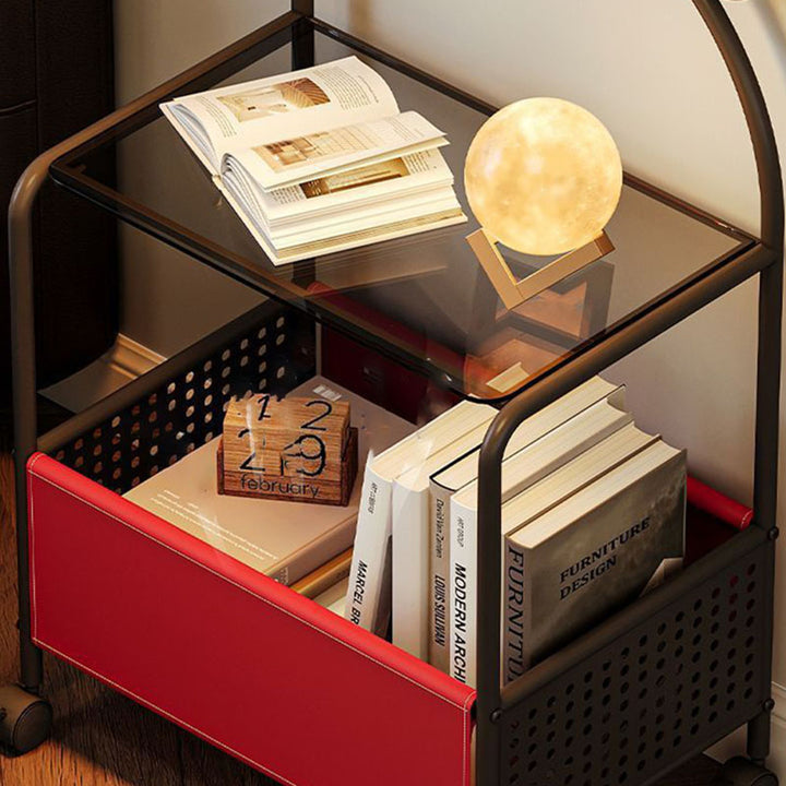 Contemporary Creative Bear Ears Rectangular Tempered Glass Iron Faux Leather PVC Movable Snacks Storage Shelf 2/3/4-Tier For Living Room