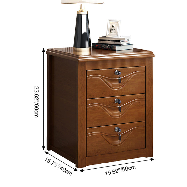 Traditional Chinese Rectangular Solid Wood MDF Safety Lock Nightstand 3-Drawer For Bedroom