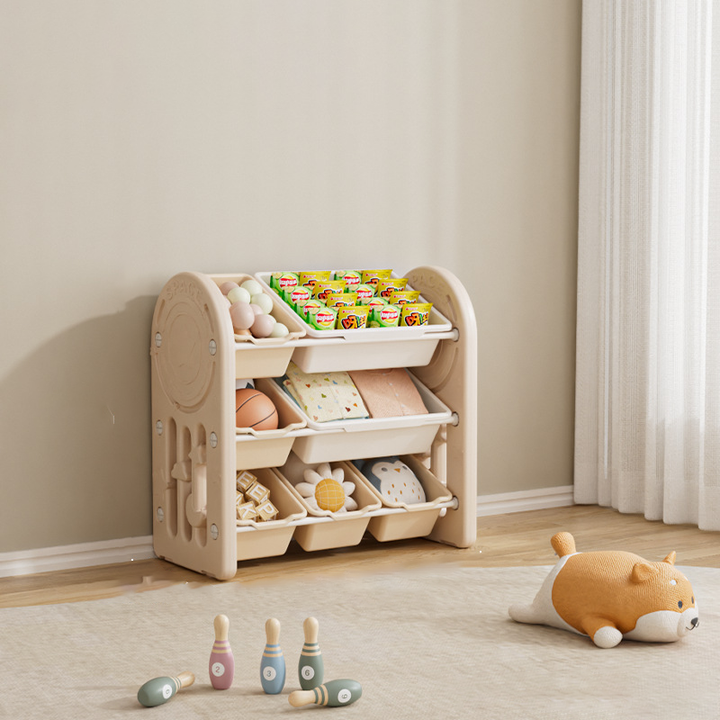 Estante de almacenamiento para niños de HDPE ecológico y contemporáneo de forma ovalada de 3 niveles para sala de estar 