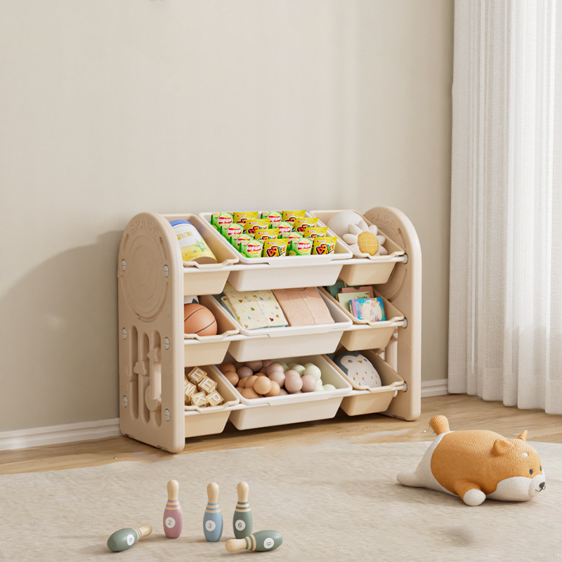 Estante de almacenamiento para niños de HDPE ecológico y contemporáneo de forma ovalada de 3 niveles para sala de estar 