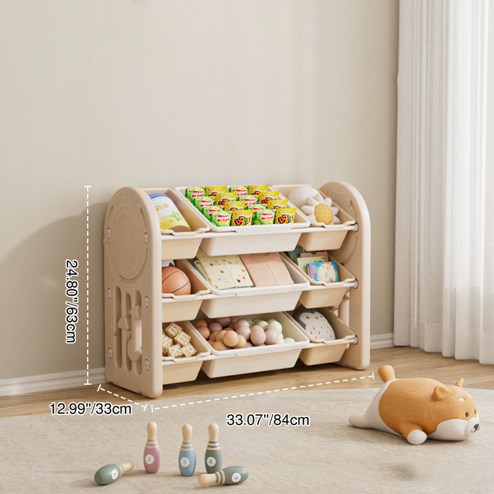 Estante de almacenamiento para niños de HDPE ecológico y contemporáneo de forma ovalada de 3 niveles para sala de estar 