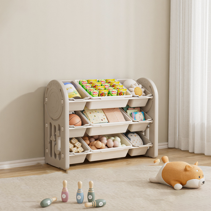 Estante de almacenamiento para niños de HDPE ecológico y contemporáneo de forma ovalada de 3 niveles para sala de estar 