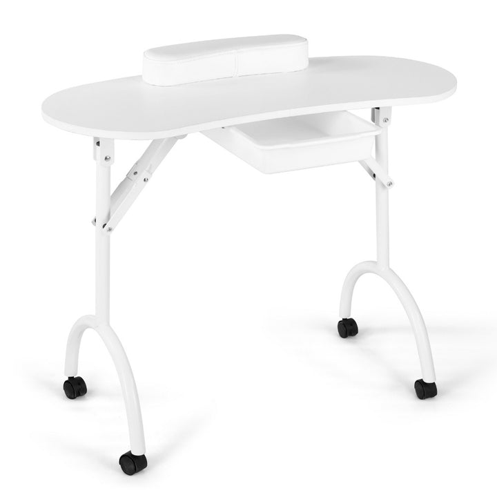 Escritorio de Uñas Moderno Minimalista Ovalado de Acero Inoxidable MDF con 1 Cajón para Dormitorio 