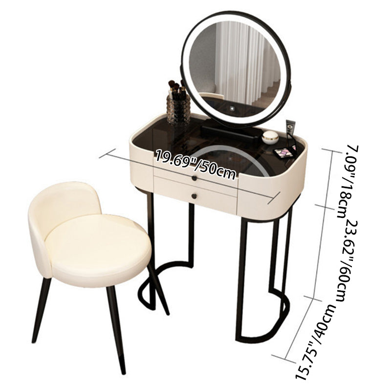 Modern Minimalist Iron Wood Glass PU Leather Rectangular Makeup Vanity &amp; Stool Set With LED Mirror &amp; 2 Drawers For Bedroom