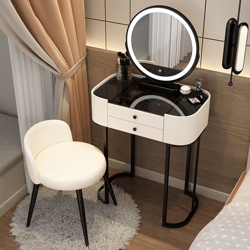 Modern Minimalist Iron Wood Glass PU Leather Rectangular Makeup Vanity & Stool Set With LED Mirror & 2 Drawers For Bedroom