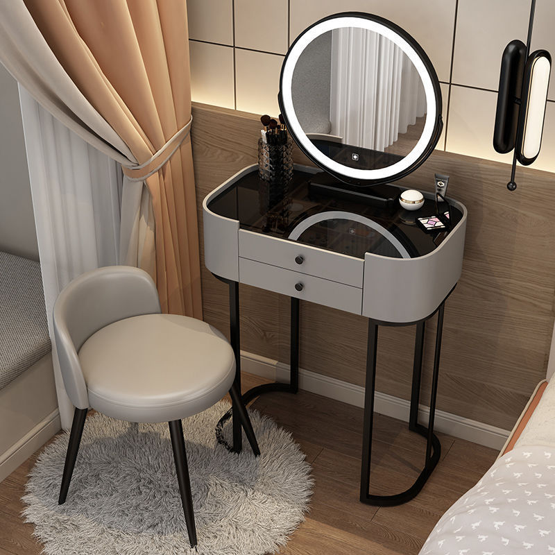 Modern Minimalist Iron Wood Glass PU Leather Rectangular Makeup Vanity & Stool Set With LED Mirror & 2 Drawers For Bedroom
