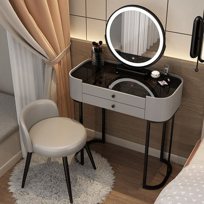 Modern Minimalist Iron Wood Glass PU Leather Rectangular Makeup Vanity & Stool Set With LED Mirror & 2 Drawers For Bedroom