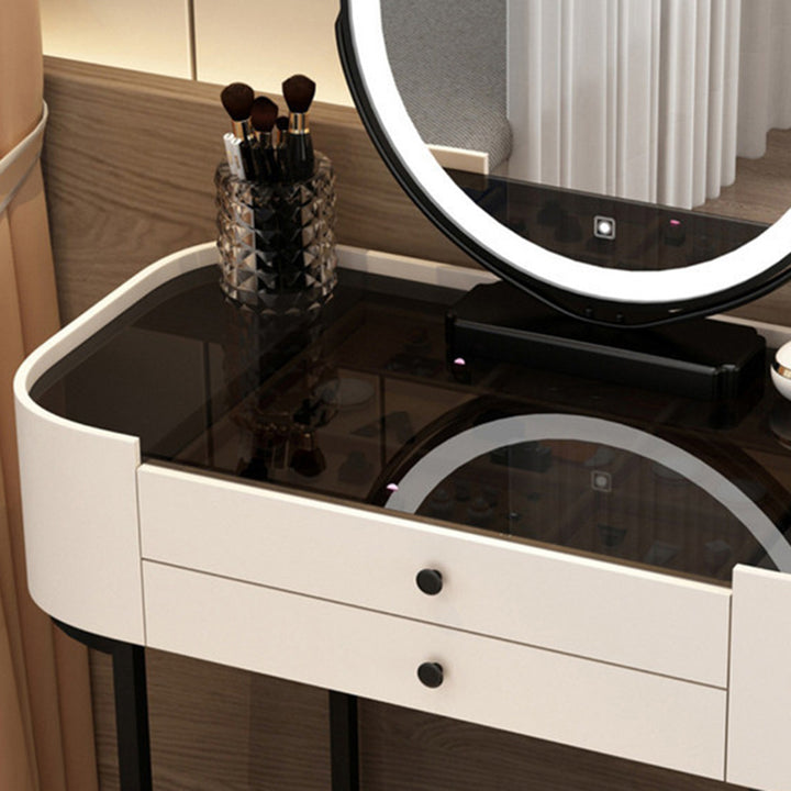 Modern Minimalist Iron Wood Glass PU Leather Rectangular Makeup Vanity &amp; Stool Set With LED Mirror &amp; 2 Drawers For Bedroom
