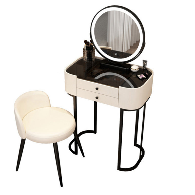 Modern Minimalist Iron Wood Glass PU Leather Rectangular Makeup Vanity &amp; Stool Set With LED Mirror &amp; 2 Drawers For Bedroom