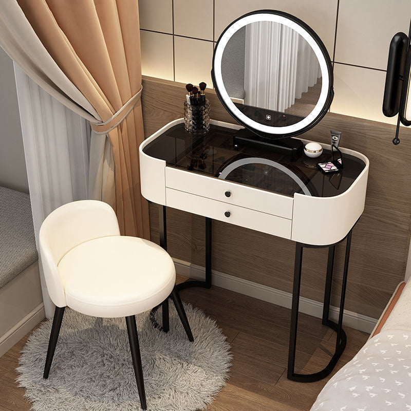 Modern Minimalist Iron Wood Glass PU Leather Rectangular Makeup Vanity & Stool Set With LED Mirror & 2 Drawers For Bedroom