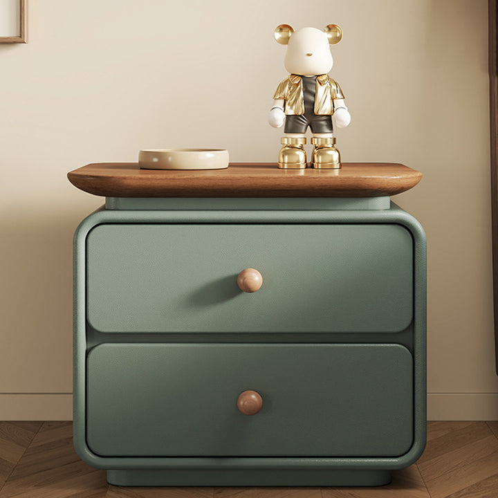 Modern Minimalist Solid Wood &amp; Plywood Faux Leather Square Nightstand 2-Drawer For Bedroom
