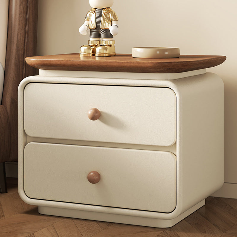 Modern Minimalist Wood Faux Leather Square Nightstand 2-Drawer For Bedroom