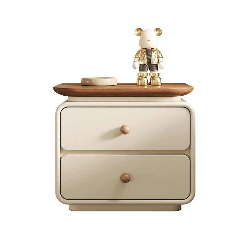 Modern Minimalist Wood Faux Leather Square Nightstand 2-Drawer For Bedroom