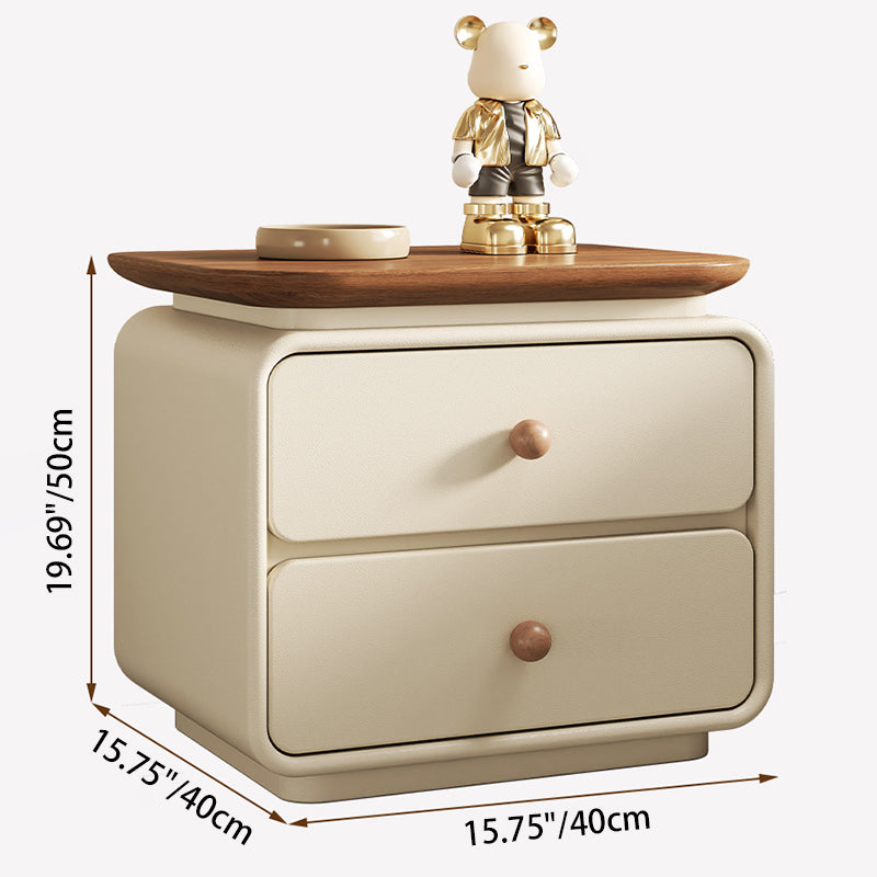 Modern Minimalist Wood Faux Leather Square Nightstand 2-Drawer For Bedroom