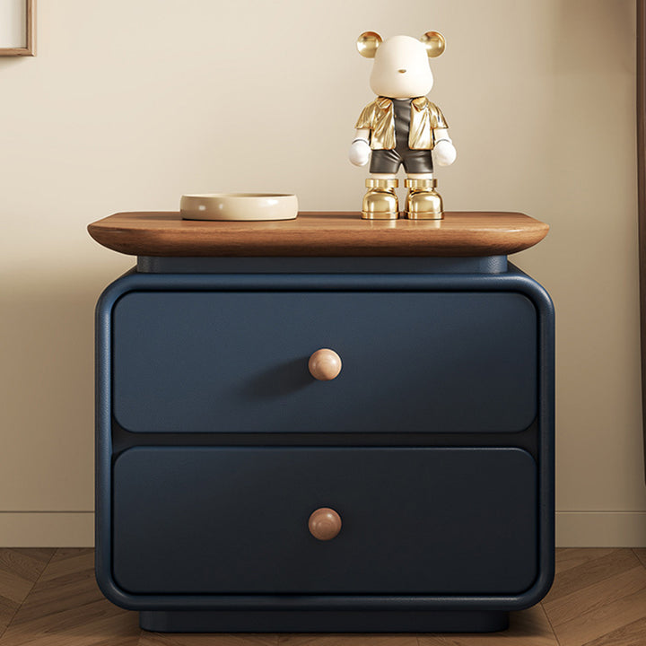 Modern Minimalist Solid Wood & Plywood Faux Leather Square Nightstand 2-Drawer For Bedroom