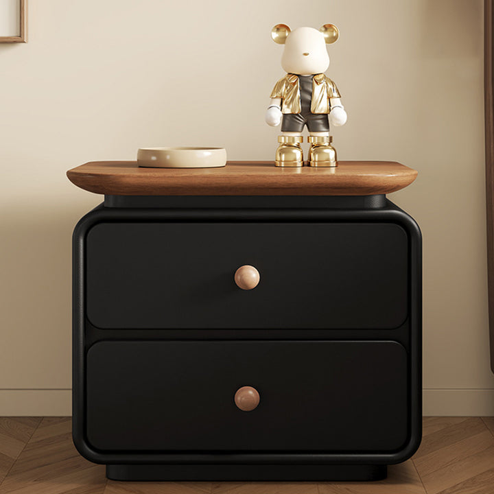 Modern Minimalist Solid Wood & Plywood Faux Leather Square Nightstand 2-Drawer For Bedroom