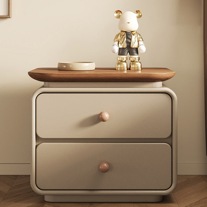 Modern Minimalist Solid Wood & Plywood Faux Leather Square Nightstand 2-Drawer For Bedroom