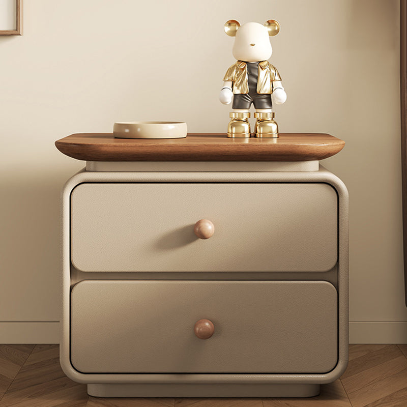 Modern Minimalist Wood Faux Leather Square Nightstand 2-Drawer For Bedroom