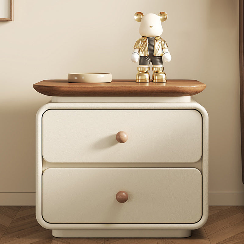 Modern Minimalist Wood Faux Leather Square Nightstand 2-Drawer For Bedroom