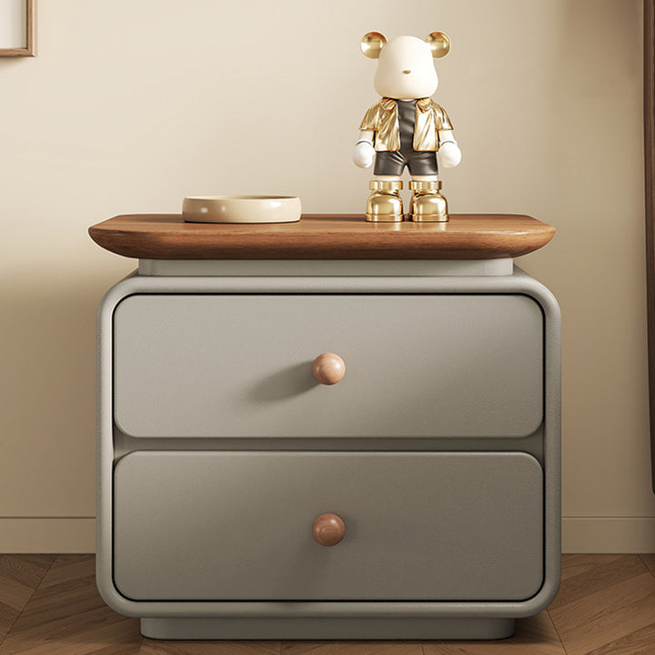 Modern Minimalist Solid Wood &amp; Plywood Faux Leather Square Nightstand 2-Drawer For Bedroom