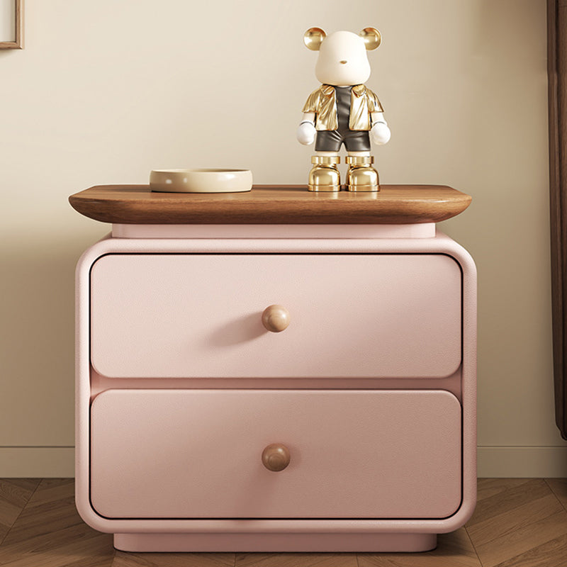 Modern Minimalist Wood Faux Leather Square Nightstand 2-Drawer For Bedroom