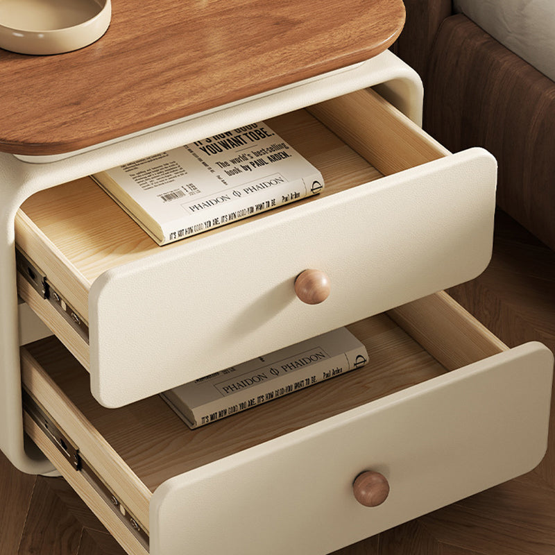 Modern Minimalist Wood Faux Leather Square Nightstand 2-Drawer For Bedroom