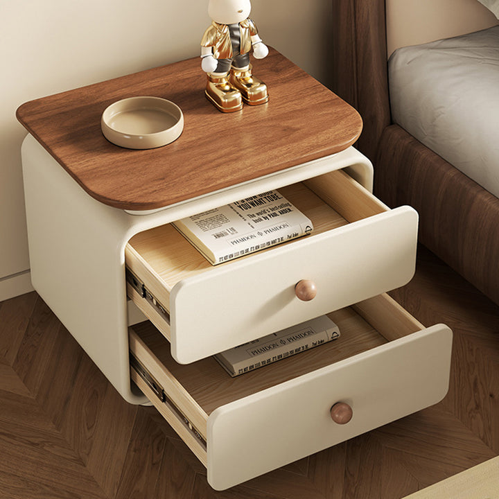 Modern Minimalist Solid Wood &amp; Plywood Faux Leather Square Nightstand 2-Drawer For Bedroom