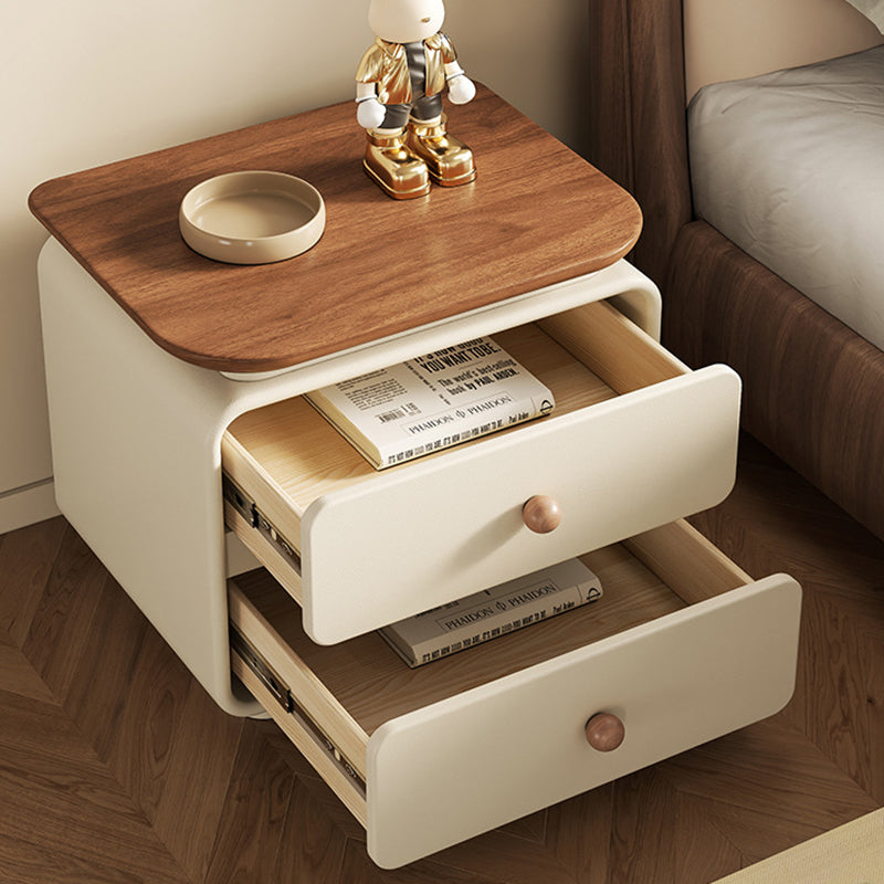 Modern Minimalist Wood Faux Leather Square Nightstand 2-Drawer For Bedroom