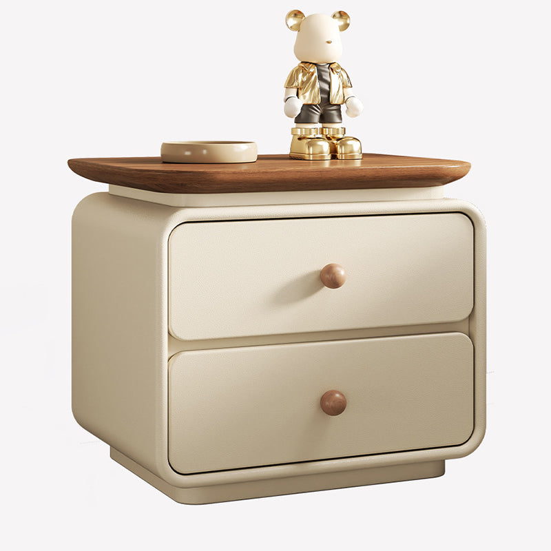 Modern Minimalist Wood Faux Leather Square Nightstand 2-Drawer For Bedroom