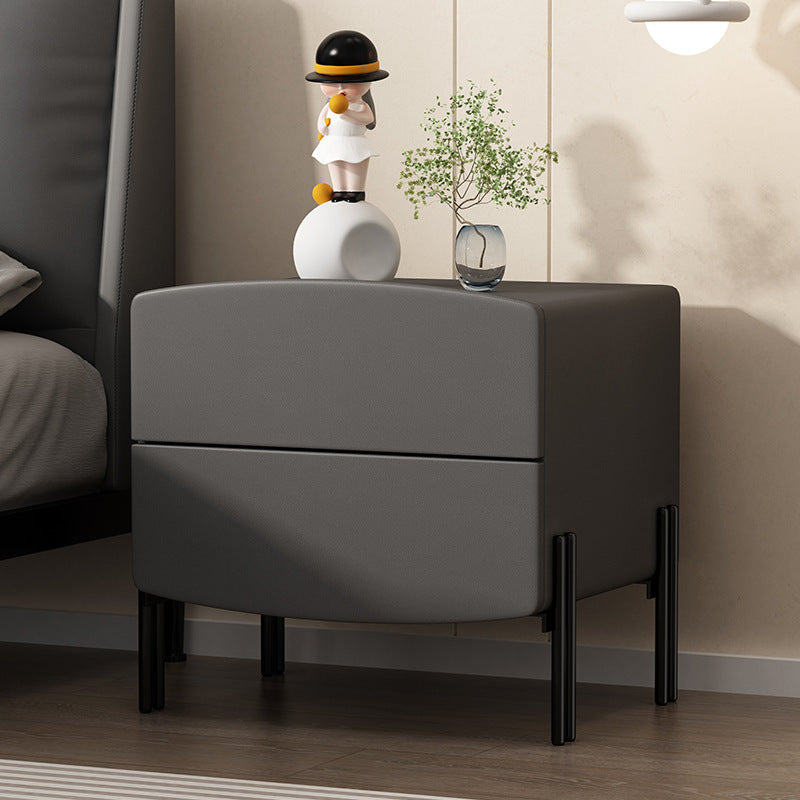 Modern Minimalist Wood Microfiber Leather Iron Square Nightstand 2-Drawer For Bedroom