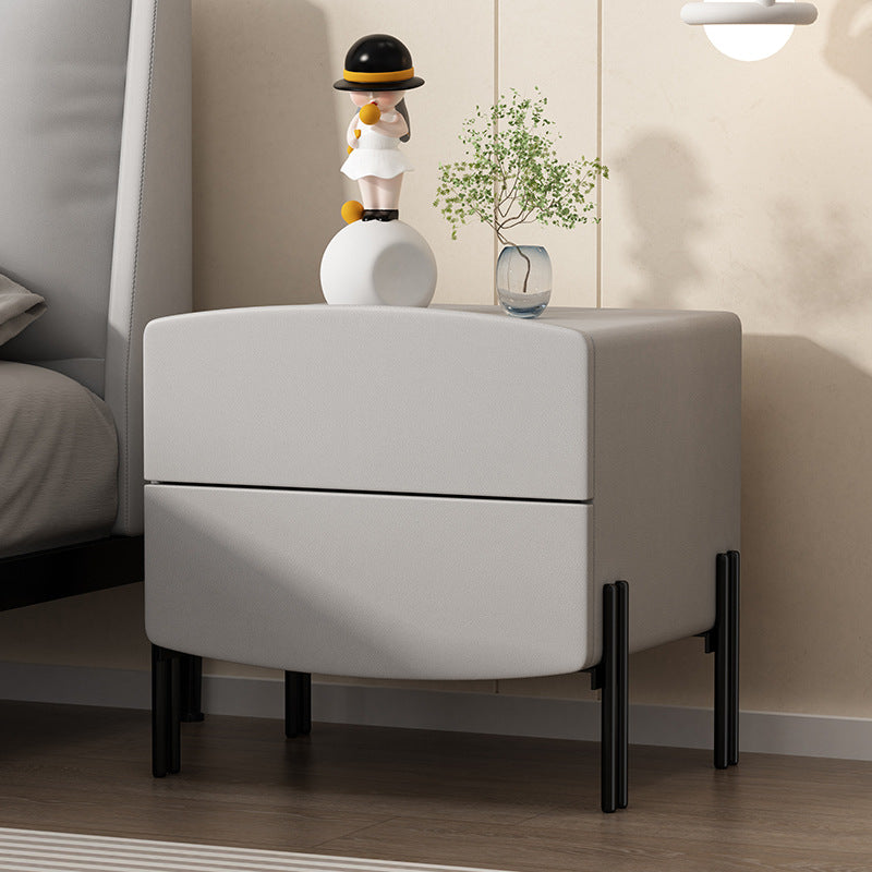 Modern Minimalist Wood Microfiber Leather Iron Square Nightstand 2-Drawer For Bedroom